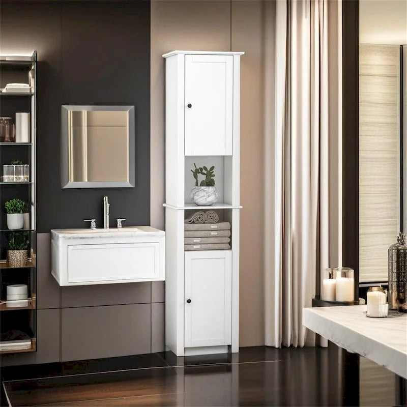 Armoire de rangement à linge autoportante avec portes, haute et blanche, pour salle de bain