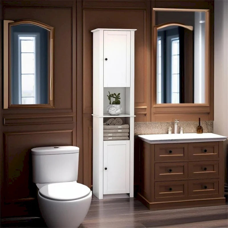 Armoire de rangement à linge autoportante avec portes, haute et blanche, pour salle de bain