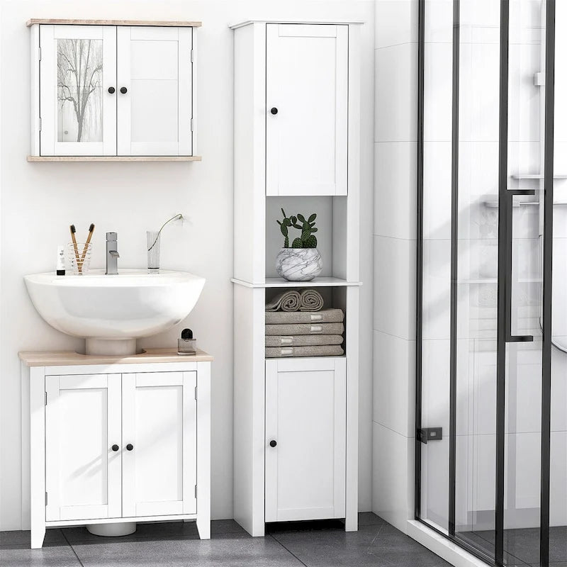 Armoire de rangement à linge autoportante avec portes, haute et blanche, pour salle de bain