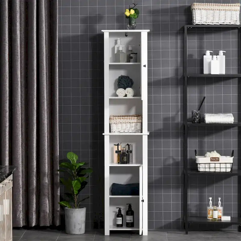 Armoire de rangement à linge autoportante avec portes, haute et blanche, pour salle de bain