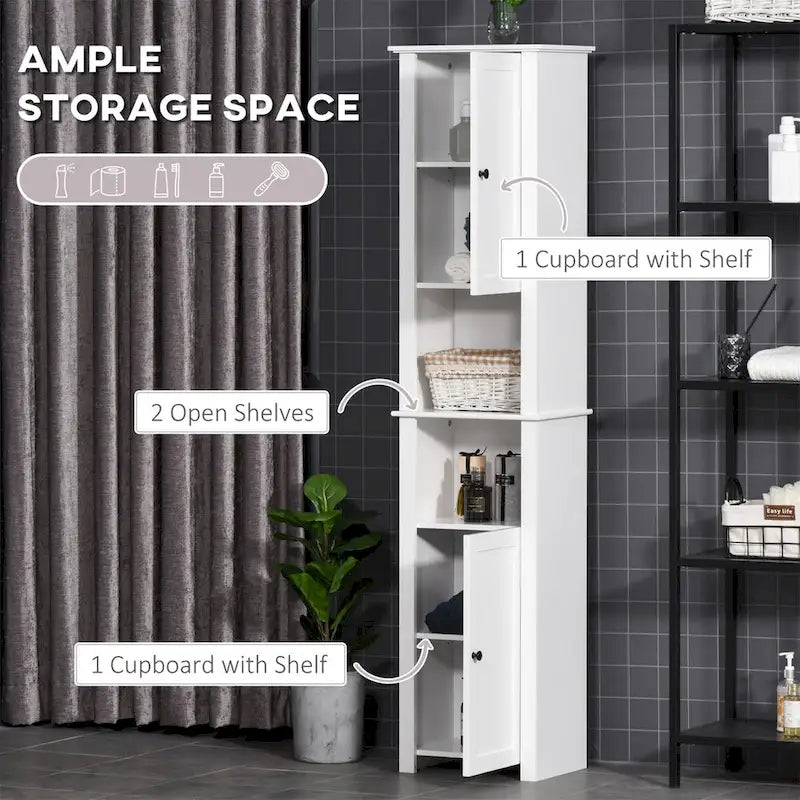 Armoire de rangement à linge autoportante avec portes, haute et blanche, pour salle de bain