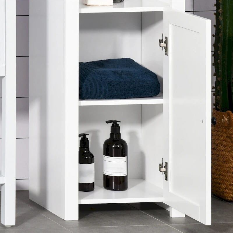 Armoire de rangement à linge autoportante avec portes, haute et blanche, pour salle de bain