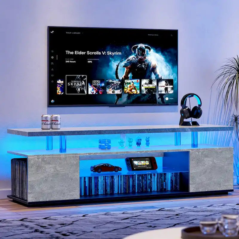 Meuble TV LED pour jeux vidéo avec armoire latérale et étagères ouvertes Noir