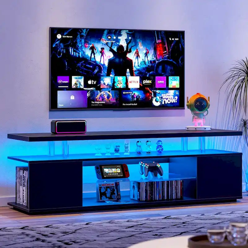 Meuble TV LED pour jeux vidéo avec armoire latérale et étagères ouvertes Noir
