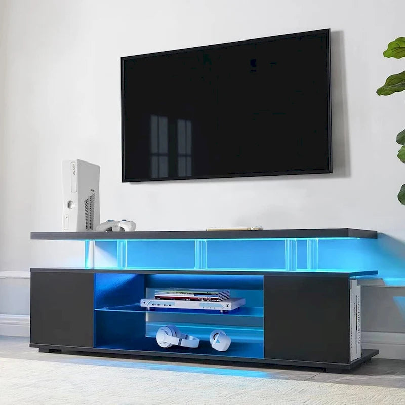 Meuble TV LED pour jeux vidéo avec armoire latérale et étagères ouvertes Noir