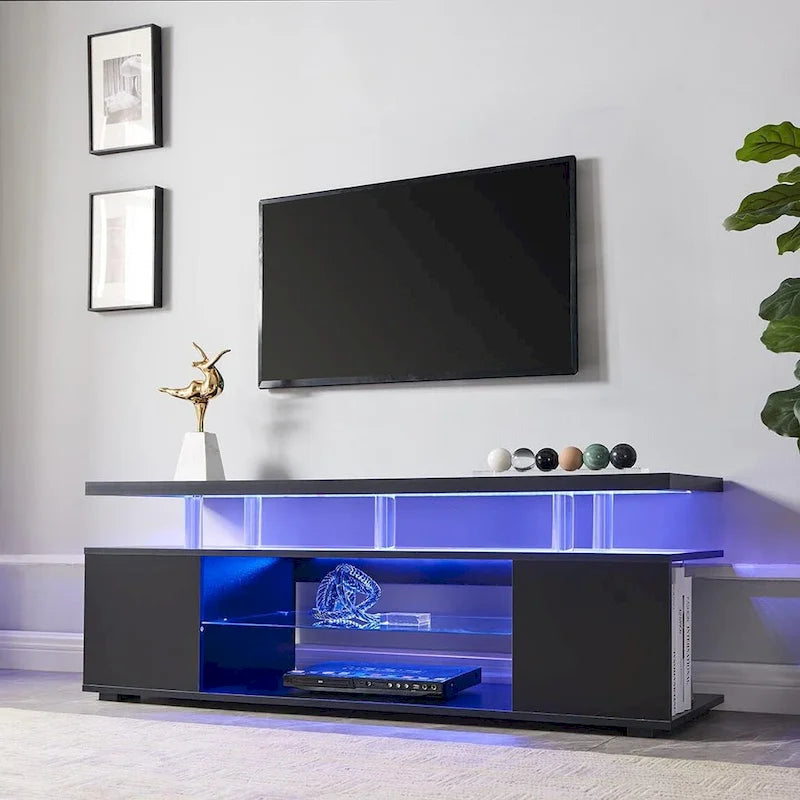 Meuble TV LED pour jeux vidéo avec armoire latérale et étagères ouvertes Noir