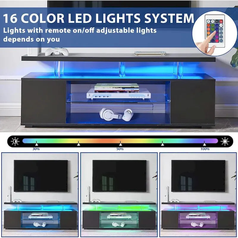 Meuble TV LED pour jeux vidéo avec armoire latérale et étagères ouvertes Noir