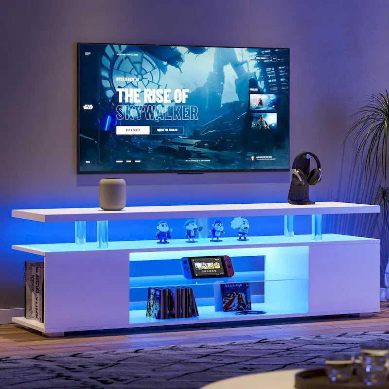 Meuble TV LED pour jeux vidéo avec armoire latérale et étagères ouvertes Noir