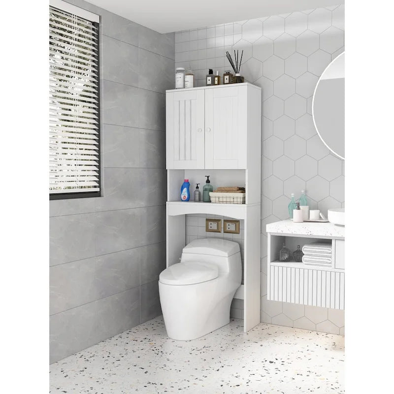 Meuble de rangement blanc à poser au-dessus des toilettes avec deux portes et des étagères réglables