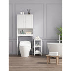 Meuble de rangement blanc à poser au-dessus des toilettes avec deux portes et des étagères réglables