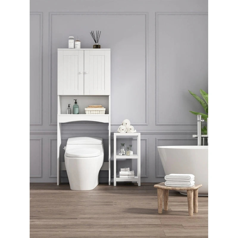 Meuble de rangement blanc à poser au-dessus des toilettes avec deux portes et des étagères réglables