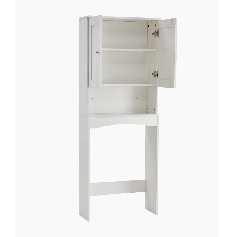 Meuble de rangement blanc à poser au-dessus des toilettes avec deux portes et des étagères réglables