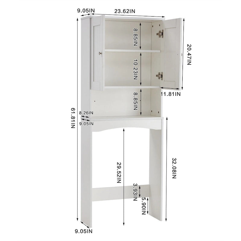 Meuble de rangement blanc à poser au-dessus des toilettes avec deux portes et des étagères réglables