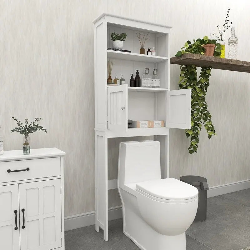 Meuble de rangement blanc à poser au-dessus des toilettes, double porte, deux niveaux, en MDF, économiseur d'espace