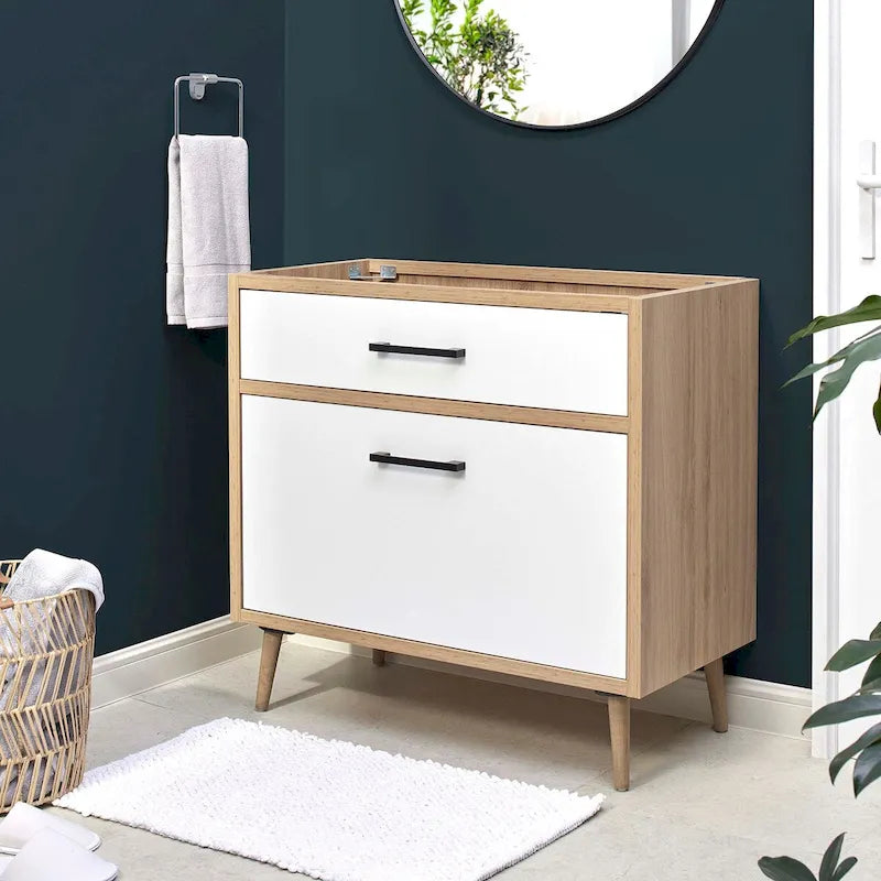 Meuble-lavabo de salle de bain de 36 pouces de style moderne du milieu du siècle avec tiroirs, chêne blanc