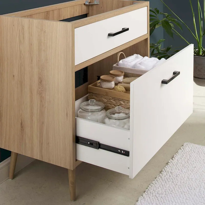 Meuble-lavabo de salle de bain de 36 pouces de style moderne du milieu du siècle avec tiroirs, chêne blanc