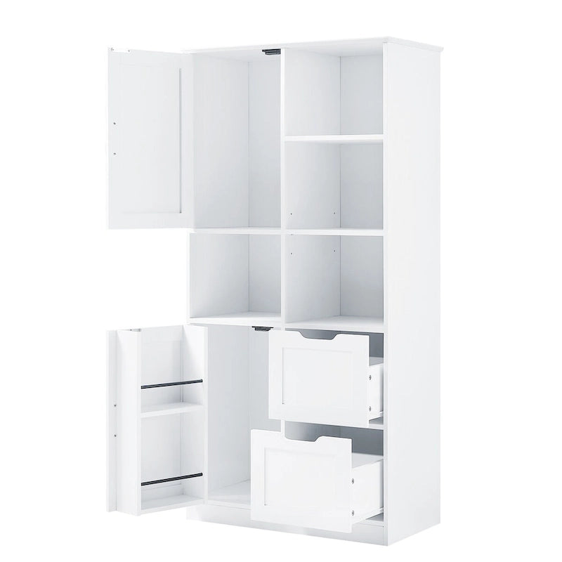 Meuble de rangement de salle de bain autoportant avec portes, tiroirs et étagères ouvertes, blanc