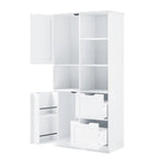 Meuble de rangement de salle de bain autoportant avec portes, tiroirs et étagères ouvertes, blanc