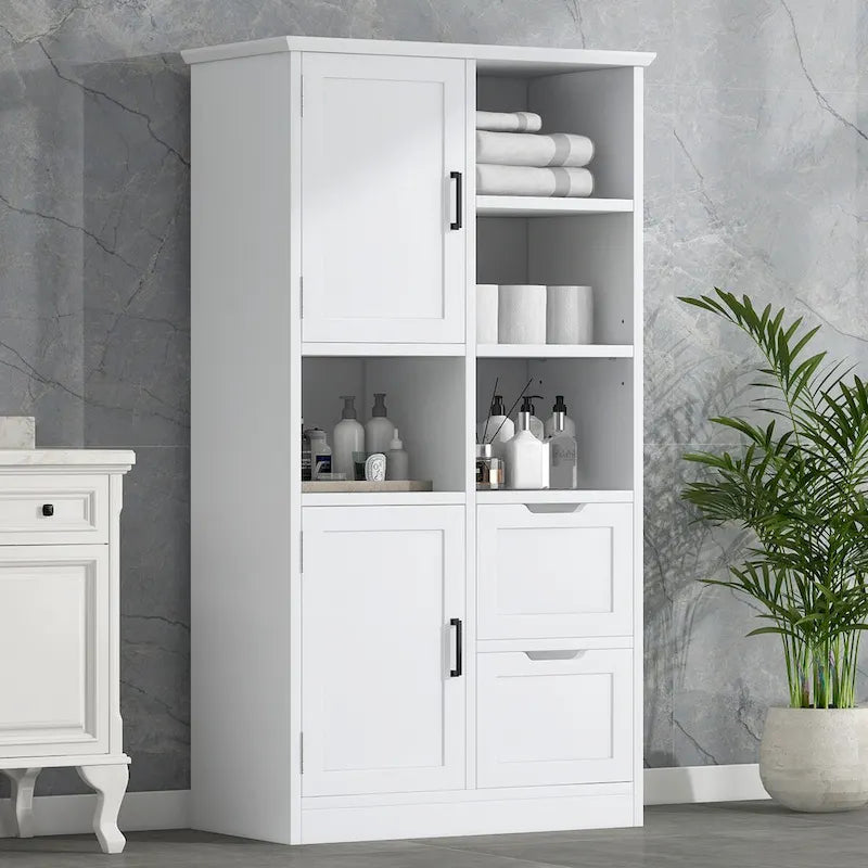 Meuble de rangement de salle de bain autoportant avec portes, tiroirs et étagères ouvertes, blanc