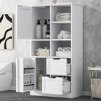 Meuble de rangement de salle de bain autoportant avec portes, tiroirs et étagères ouvertes, blanc