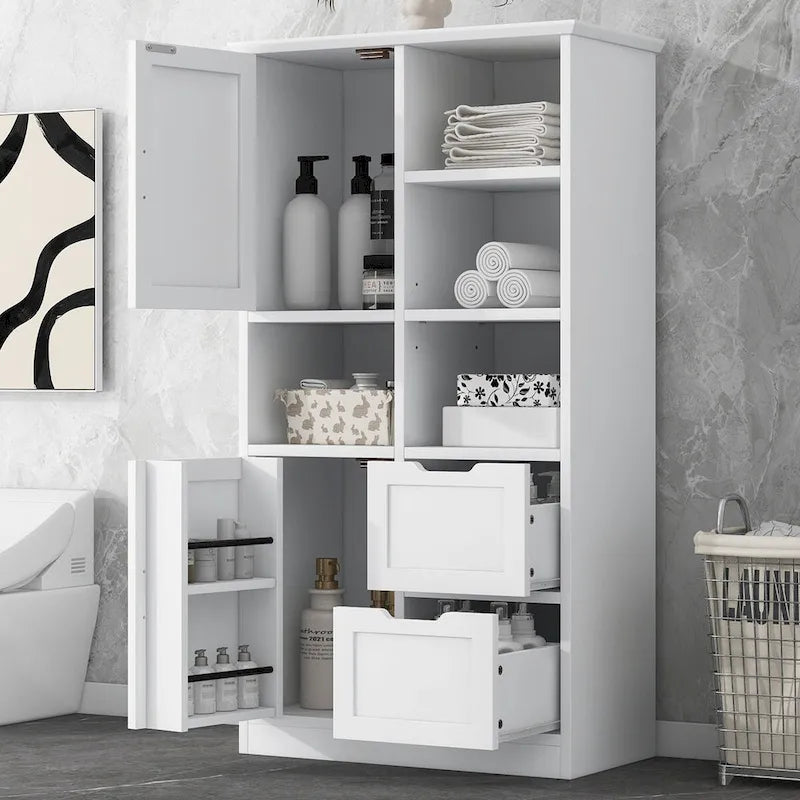Meuble de rangement de salle de bain autoportant avec portes, tiroirs et étagères ouvertes, blanc