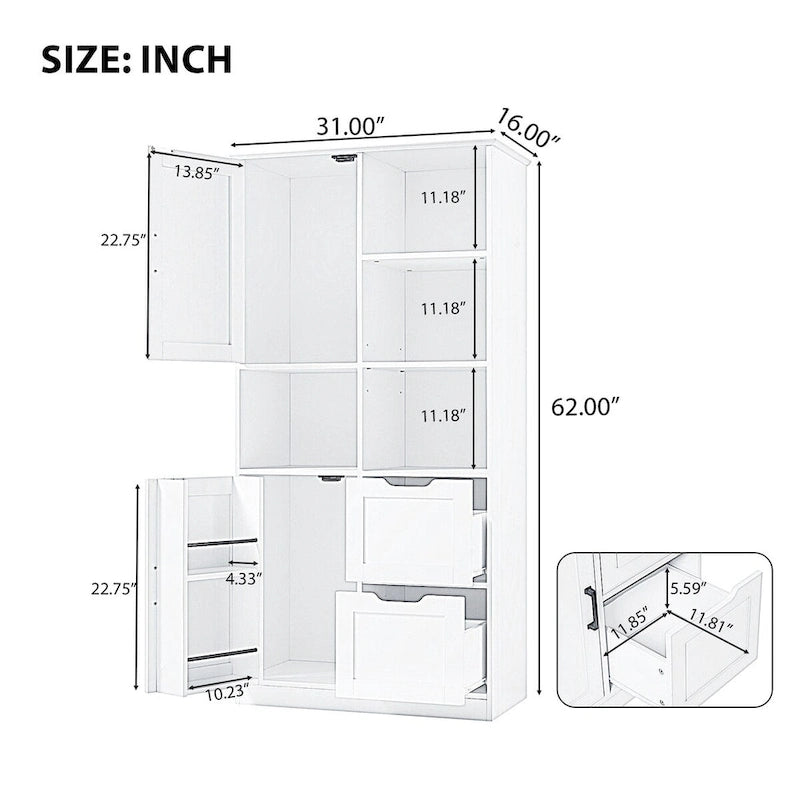Meuble de rangement de salle de bain autoportant avec portes, tiroirs et étagères ouvertes, blanc
