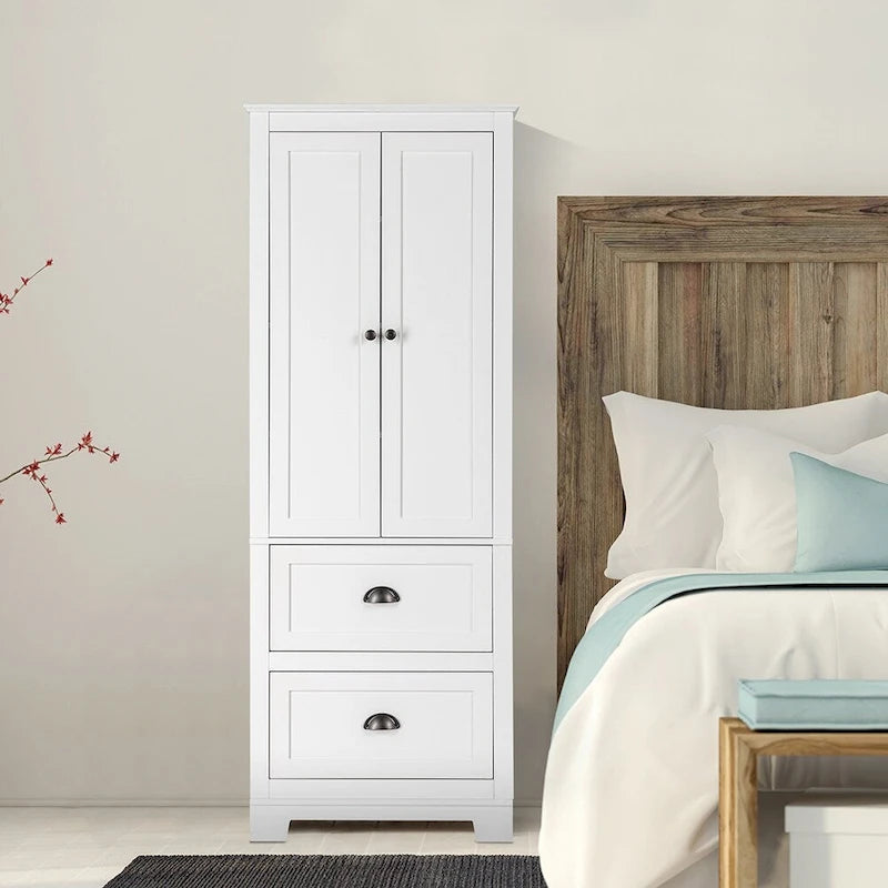 Armoire de rangement haute blanche avec 2 portes et 2 tiroirs, finition bois