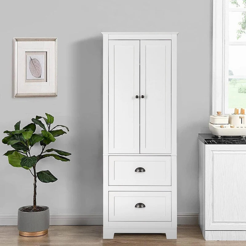 Armoire de rangement haute blanche avec 2 portes et 2 tiroirs, finition bois