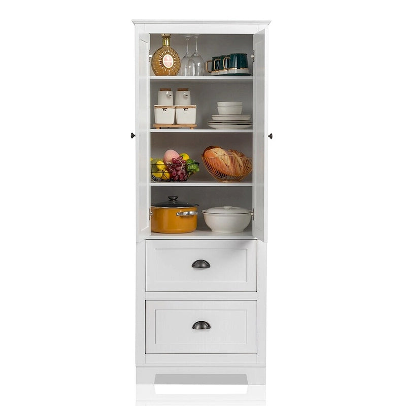 Armoire de rangement haute blanche avec 2 portes et 2 tiroirs, finition bois
