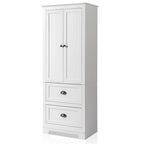 Armoire de rangement haute blanche avec 2 portes et 2 tiroirs, finition bois
