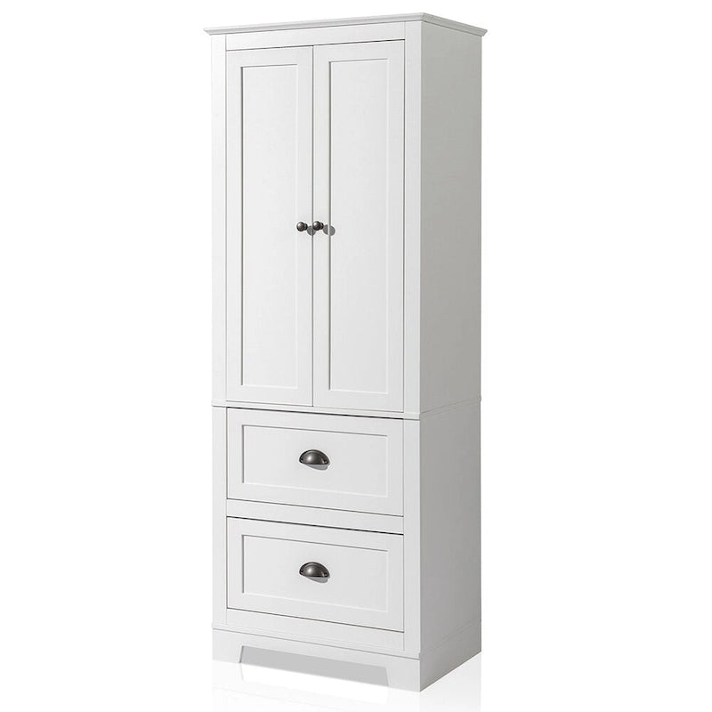 Armoire de rangement haute blanche avec 2 portes et 2 tiroirs, finition bois