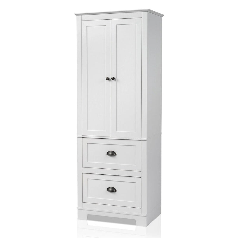 Armoire de rangement haute blanche avec 2 portes et 2 tiroirs, finition bois