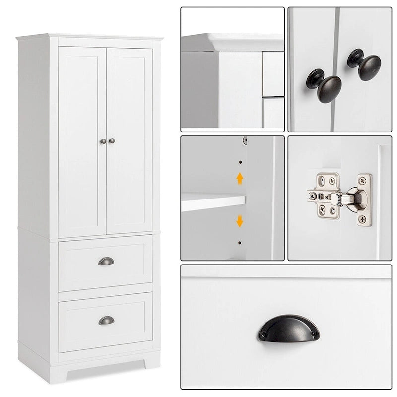 Armoire de rangement haute blanche avec 2 portes et 2 tiroirs, finition bois