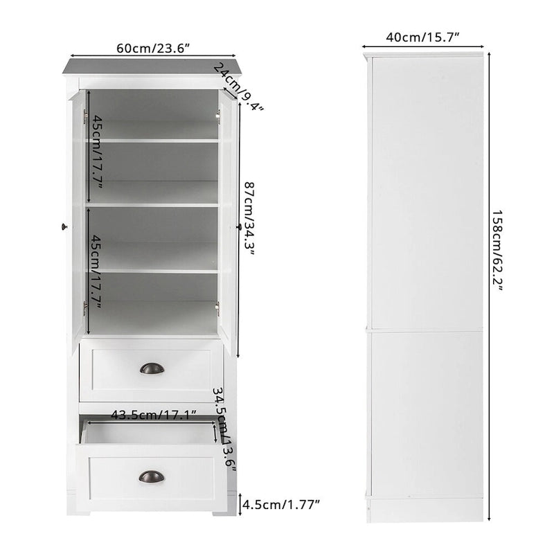 Armoire de rangement haute blanche avec 2 portes et 2 tiroirs, finition bois
