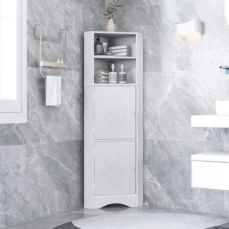 Meuble de rangement haut d'angle blanc pour salle de bain avec portes et étagères réglables