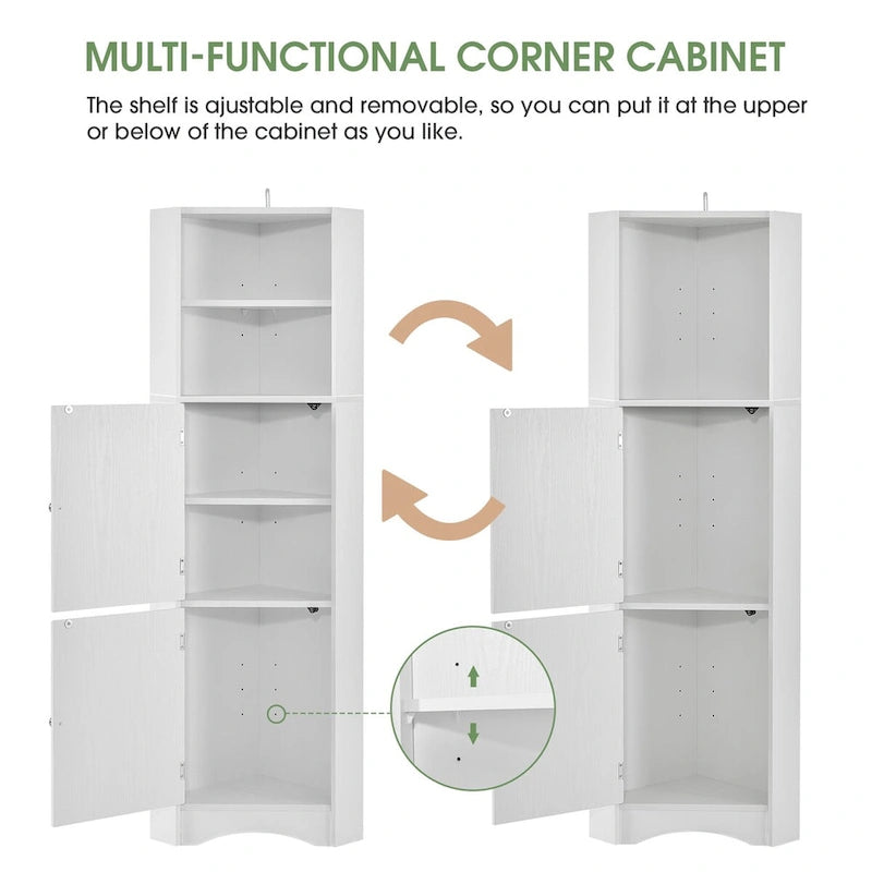 Meuble de rangement haut d'angle blanc pour salle de bain avec portes et étagères réglables