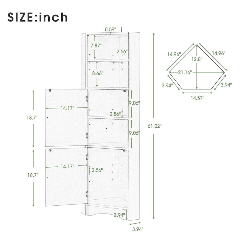 Meuble de rangement haut d'angle blanc pour salle de bain avec portes et étagères réglables
