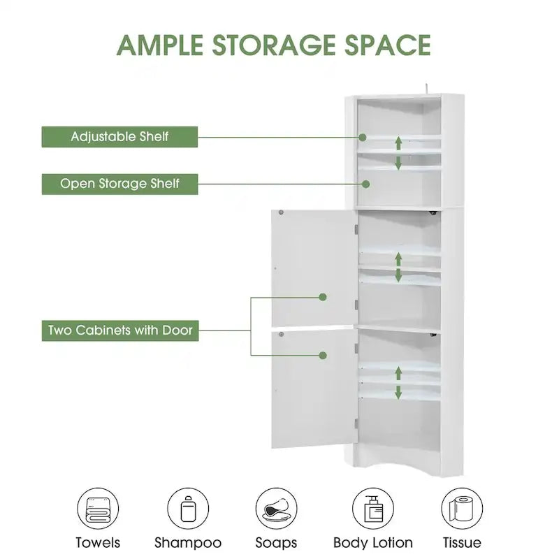Meuble de rangement haut d'angle blanc pour salle de bain avec portes et étagères réglables