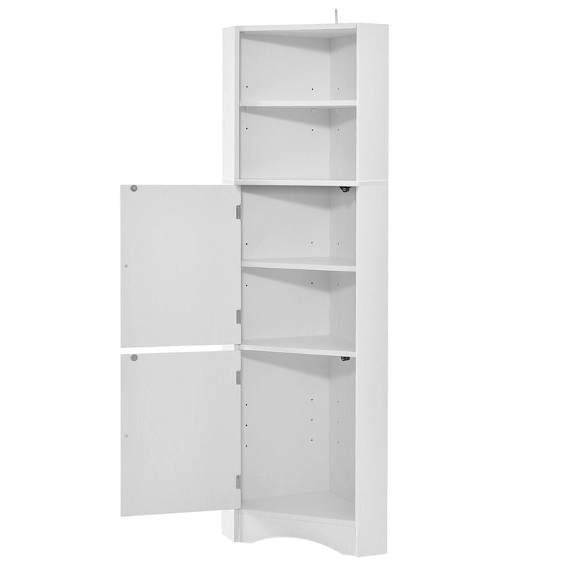 Meuble de rangement haut d'angle blanc pour salle de bain avec portes et étagères réglables