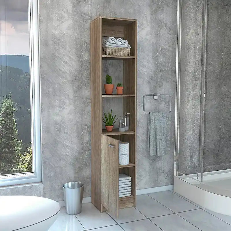Meuble de salle de bain haut avec 3 étagères ouvertes et une porte