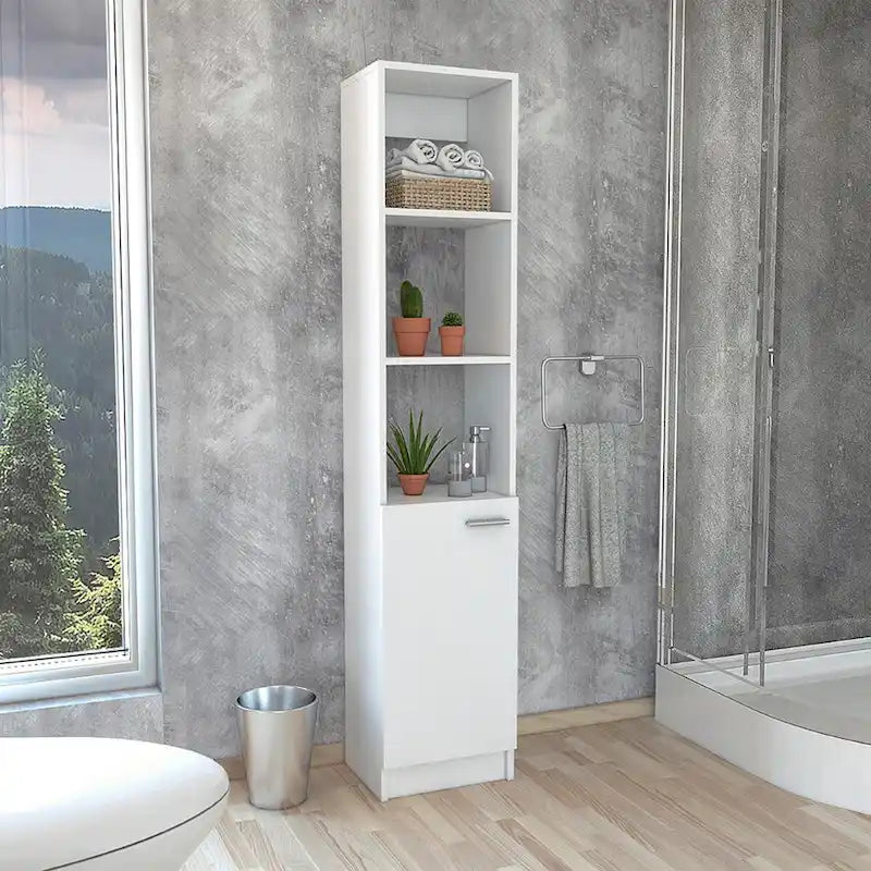 Meuble de salle de bain haut avec 3 étagères ouvertes et une porte