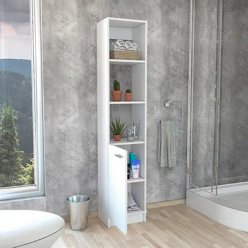 Meuble de salle de bain haut avec 3 étagères ouvertes et une porte