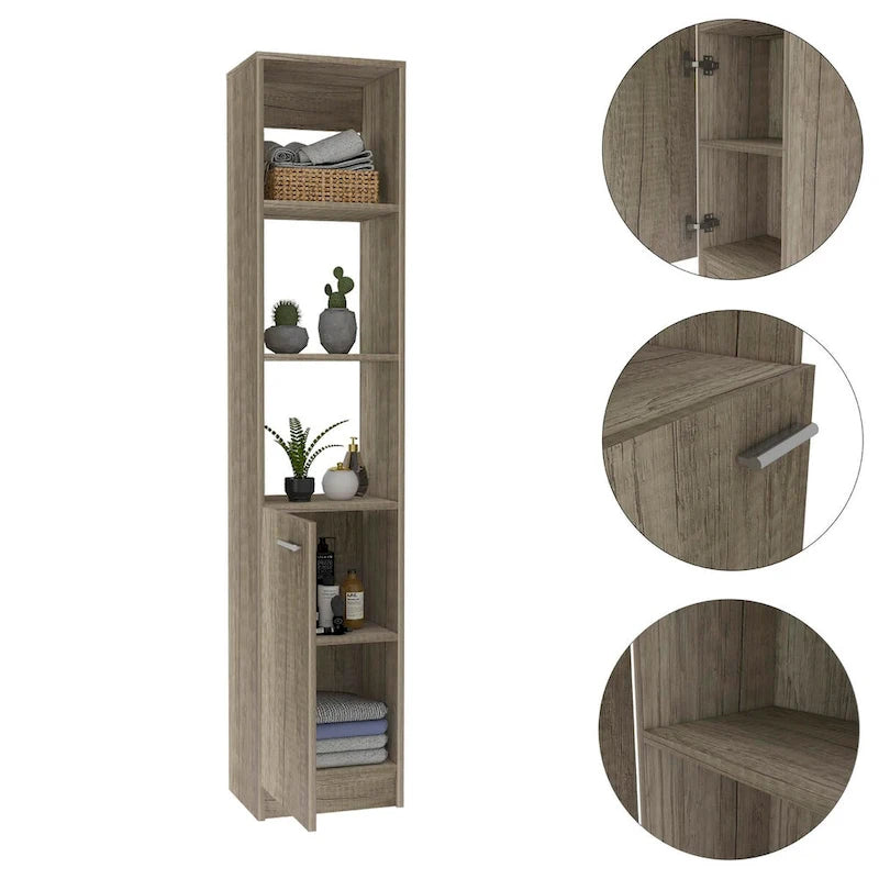 Meuble de salle de bain haut avec 3 étagères ouvertes et une porte