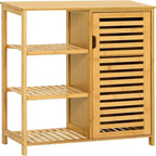 Meuble de rangement en bambou avec porte à persiennes et étagères latérales ouvertes en bois naturel