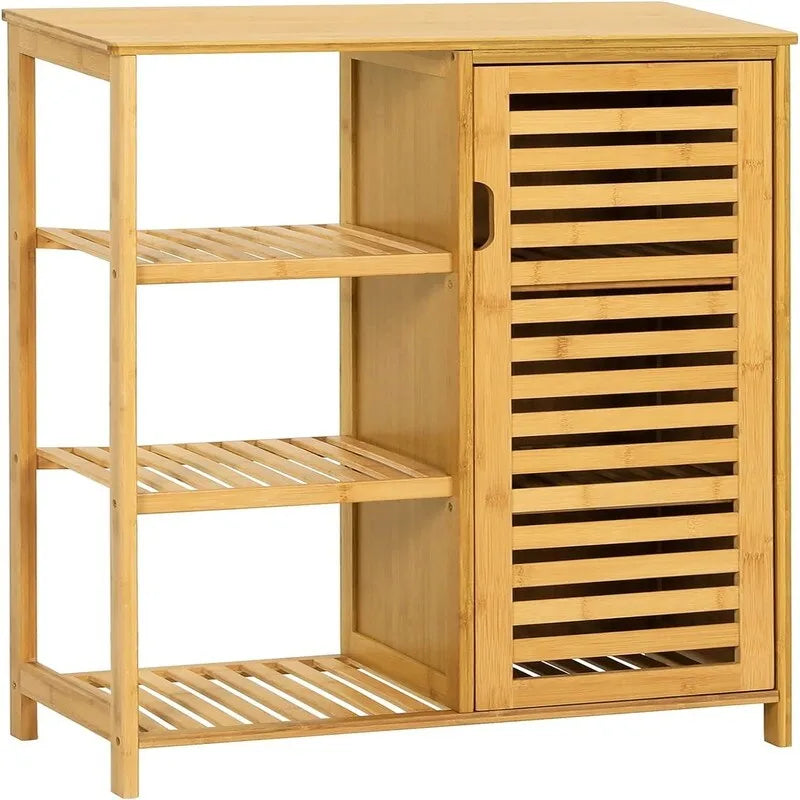 Meuble de rangement en bambou avec porte à persiennes et étagères latérales ouvertes en bois naturel