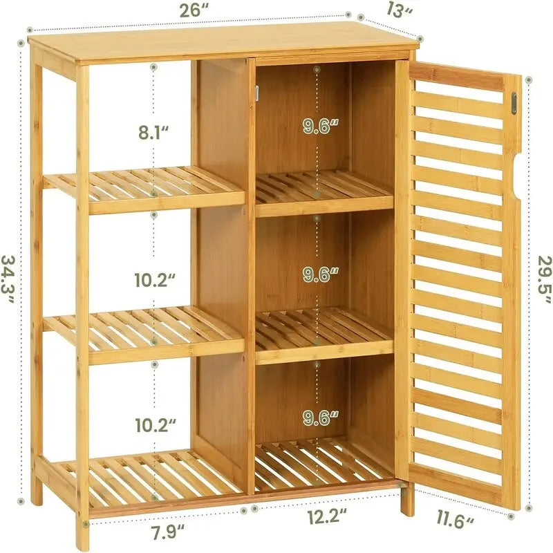Meuble de rangement en bambou avec porte à persiennes et étagères latérales ouvertes en bois naturel