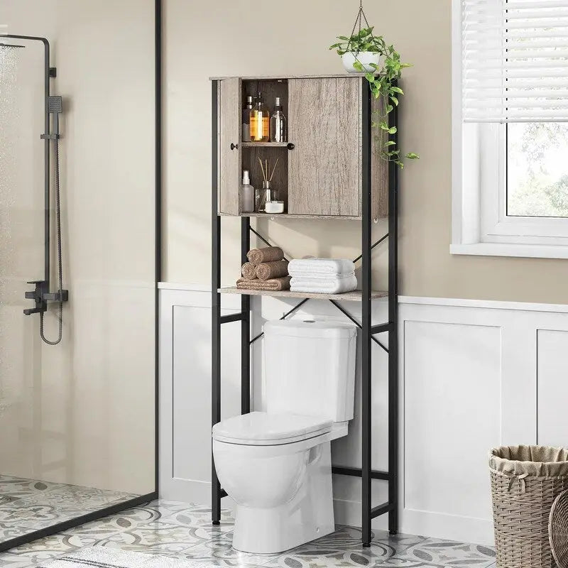 Meuble de rangement WC en bois gris et cadre en métal noir avec étagère ouverte et porte fermée