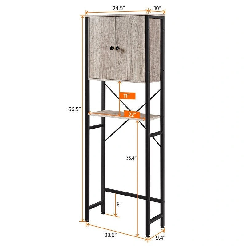 Meuble de rangement WC en bois gris et cadre en métal noir avec étagère ouverte et porte fermée