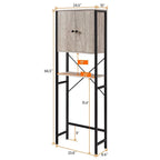 Meuble de rangement WC en bois gris et cadre en métal noir avec étagère ouverte et porte fermée