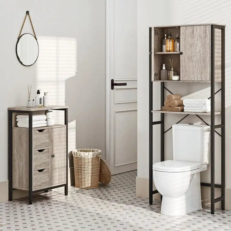 Meuble de rangement WC en bois gris et cadre en métal noir avec étagère ouverte et porte fermée